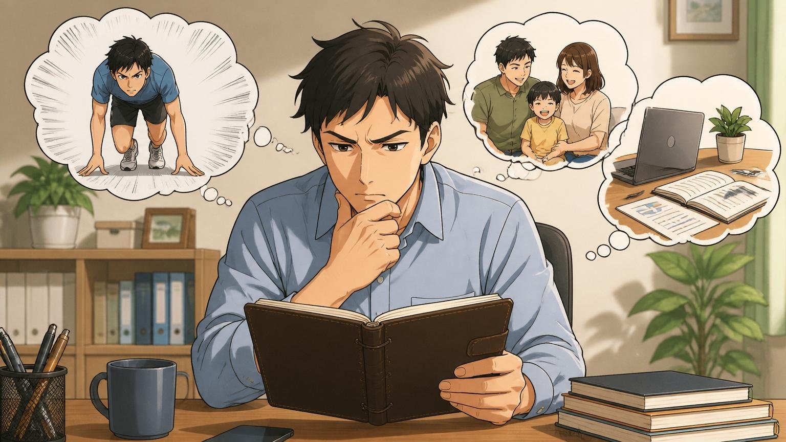 判断に迷ったときに使える3つの問い。自宅のデスクで30代男性が真剣に手帳を見ながら考え込んでいる
