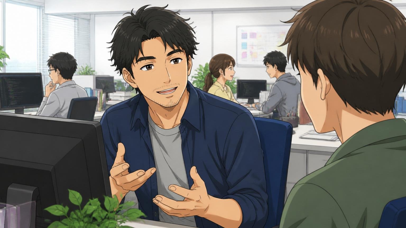 企業のオフィスで穏やかな表情で同僚と話す中堅エンジニア, 落ち着いた職場の風景