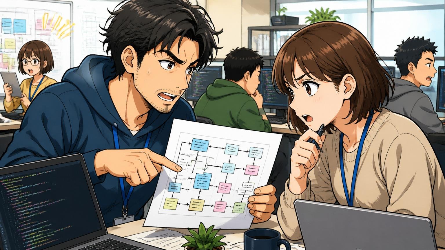 Web系SaaSの開発スペースで30代男性エンジニアと20代女性エンジニアがリファクタリング計画書を見ながら真剣に議論