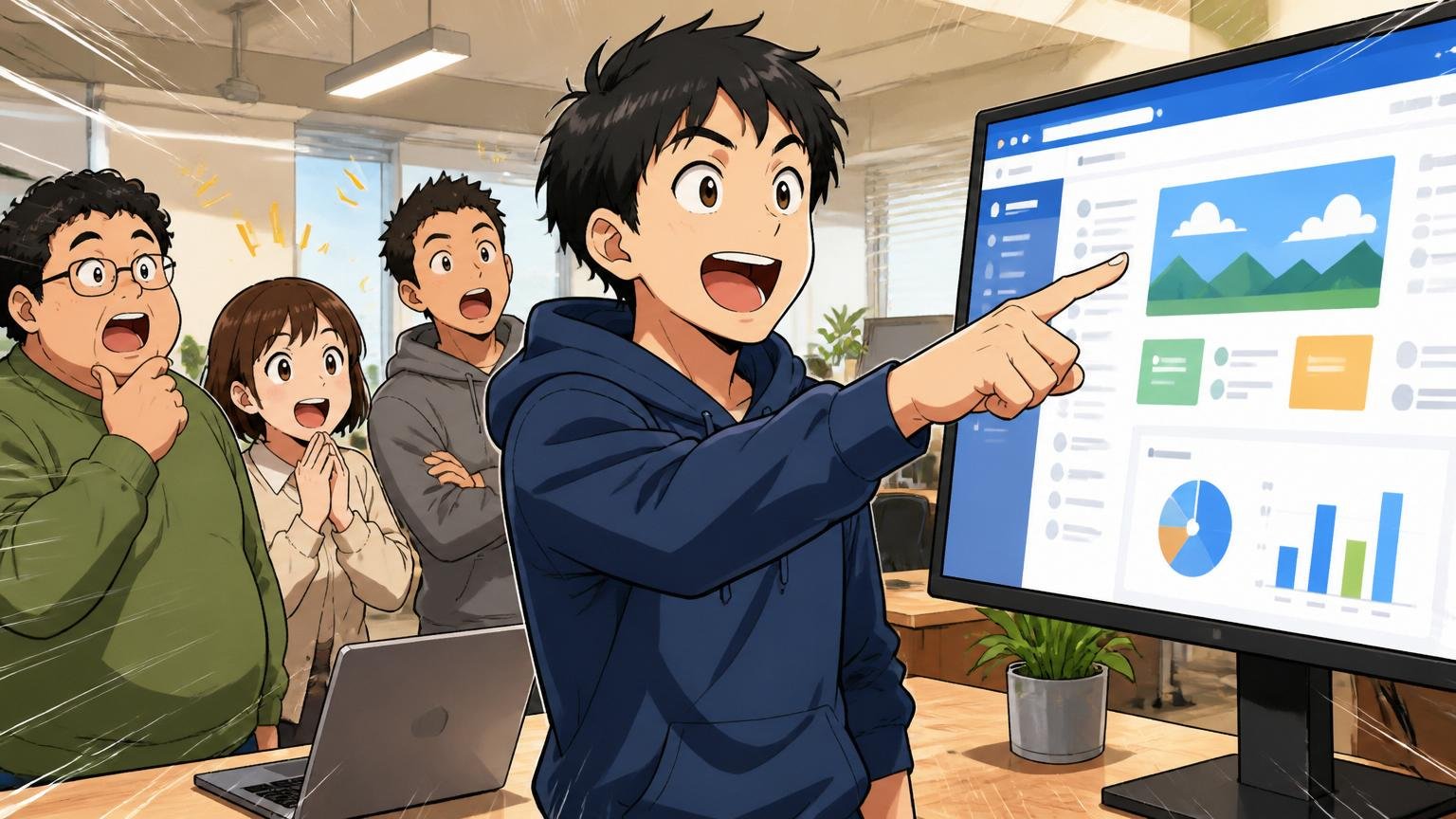 「自社プロダクトに携わりたい」という志向ミスマッチ。Web系スタートアップのオフィスで自社プロダクト画面を指差す30代エンジニア