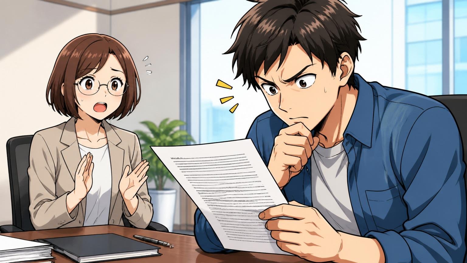契約形態を慎重に確認するエンジニア。企業の会議室で面接。男性1人女性1人。雇用契約書を真剣に読む表情