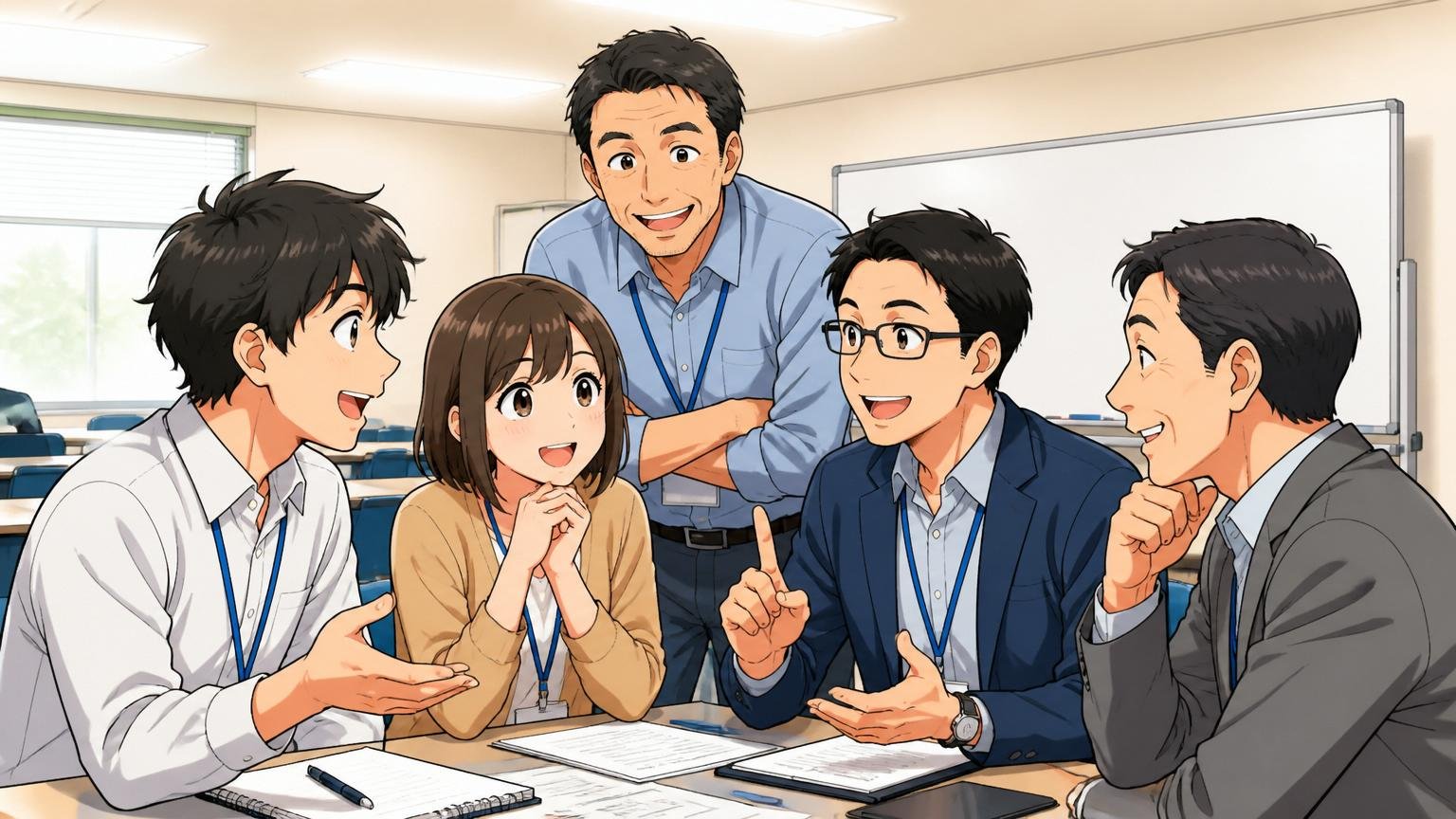 教育と人柄と社内文化のリアル、SIerの研修室で和やかに会話する20代男女と40代男性メンター3人