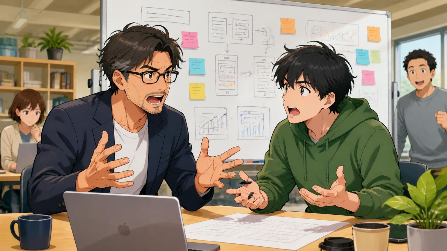 社長と若手が同じテーブルで議論。Web系スタートアップのオフィス、20代男性と40代男性の2人が対等にホワイトボード前で議論