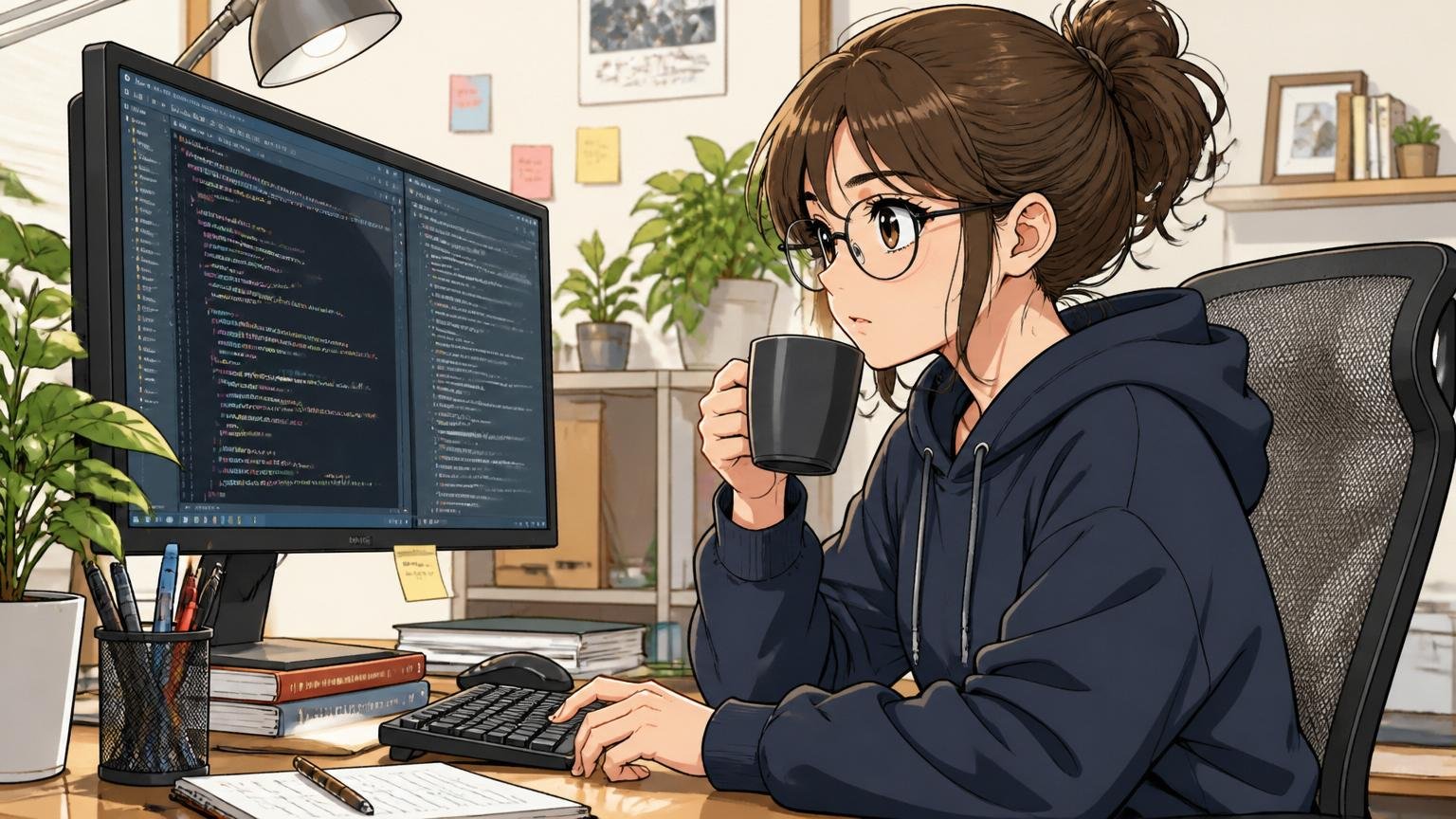 自宅のデスクで在宅勤務する女性エンジニアがコーヒーを飲みながらモニターを見つめる場面