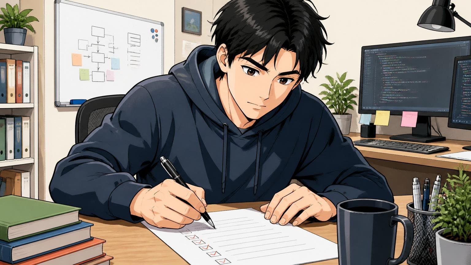 自宅のデスクでチェックリストを真剣に書き込む30代エンジニア1人・落ち着いた表情