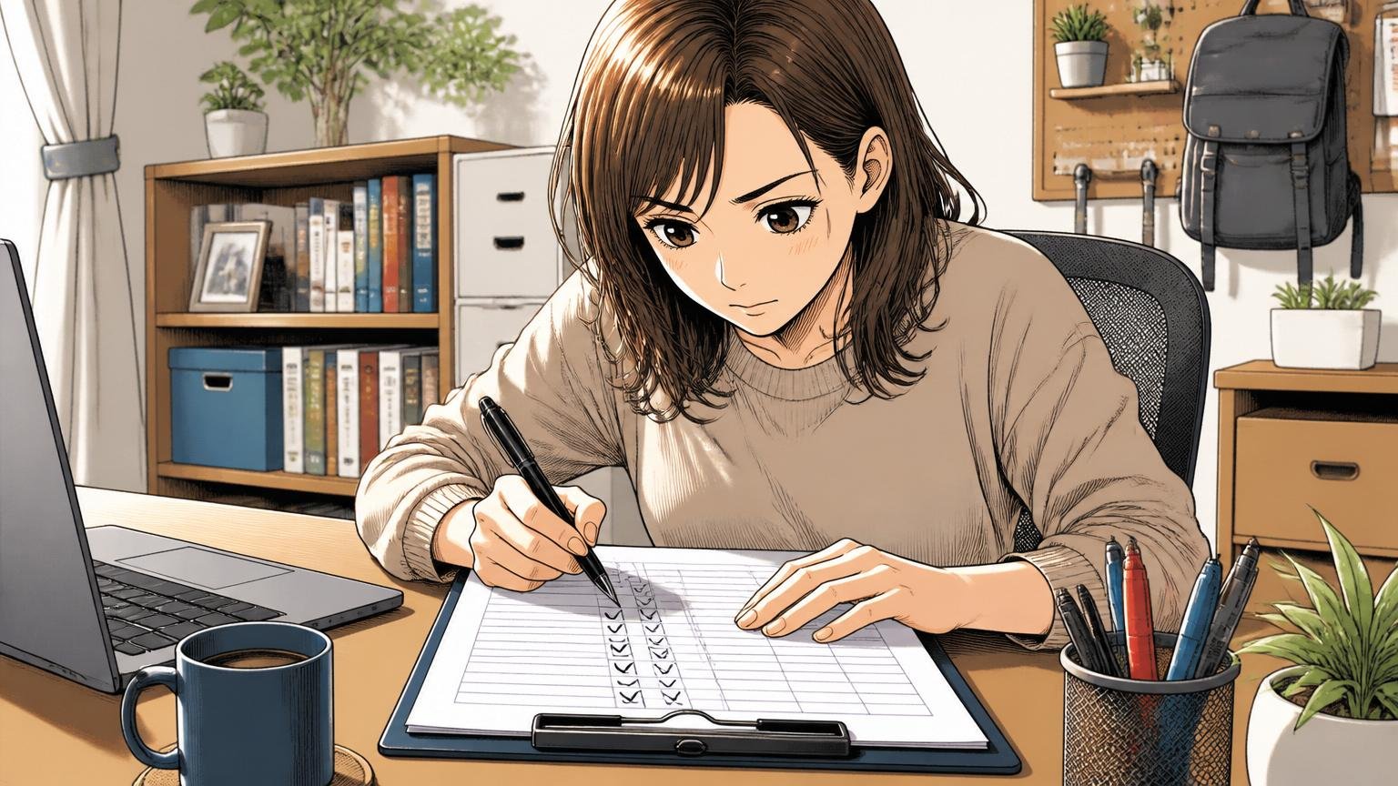 判定軸チェックリスト。自宅のデスクで30代女性エンジニア1人がチェックリストにペンを走らせる集中した表情