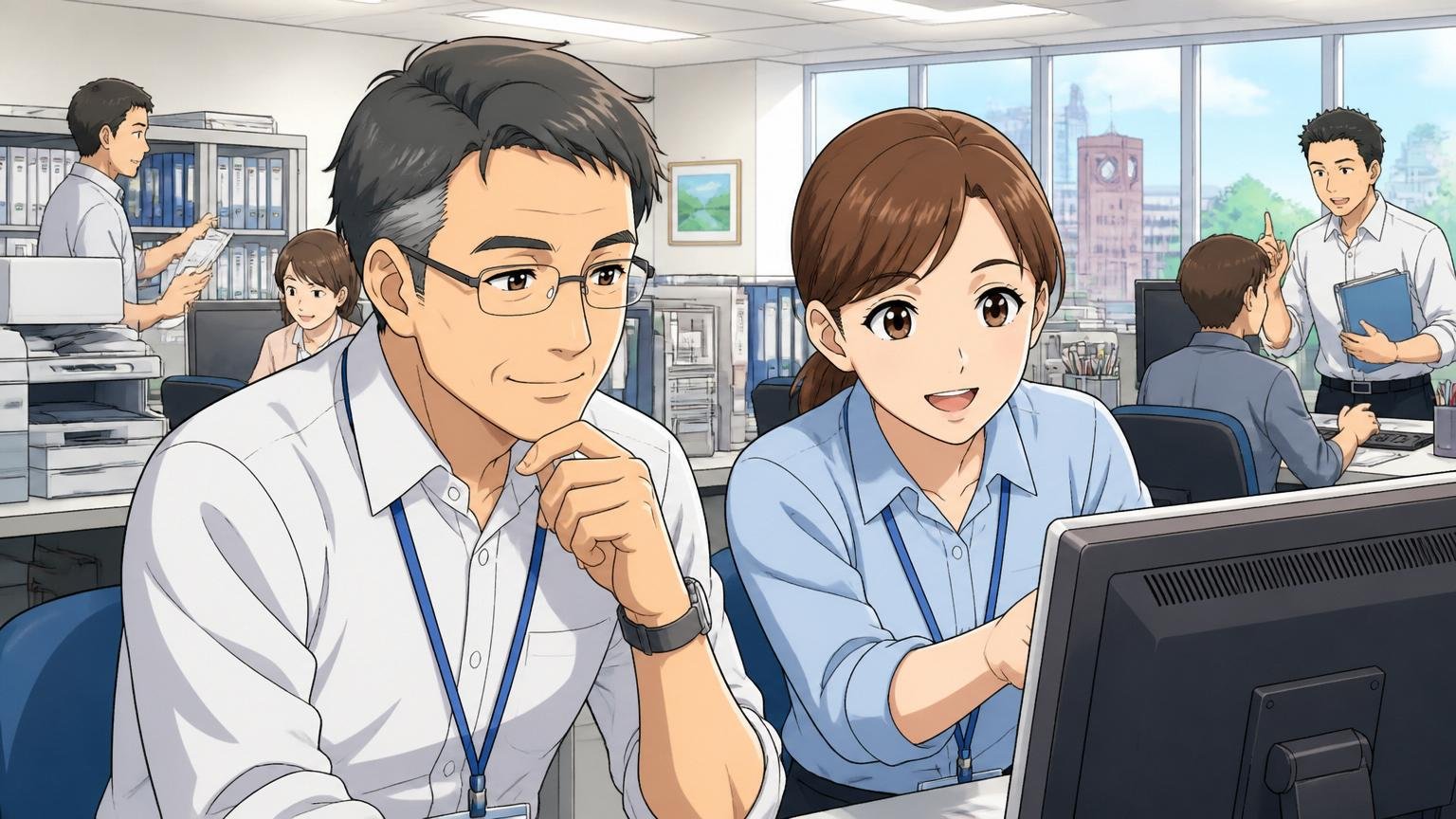 自治体の庁舎内で職員と並んで業務システムの画面を確認する50代男性エンジニアと30代女性エンジニアが穏やかな表情
