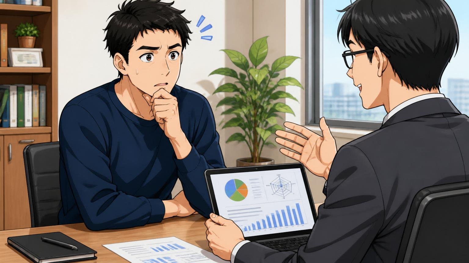 軸④市場価値の客観評価をもう一度受けたいか。企業の会議室でキャリアアドバイザーと面談する30代男性エンジニア1人
