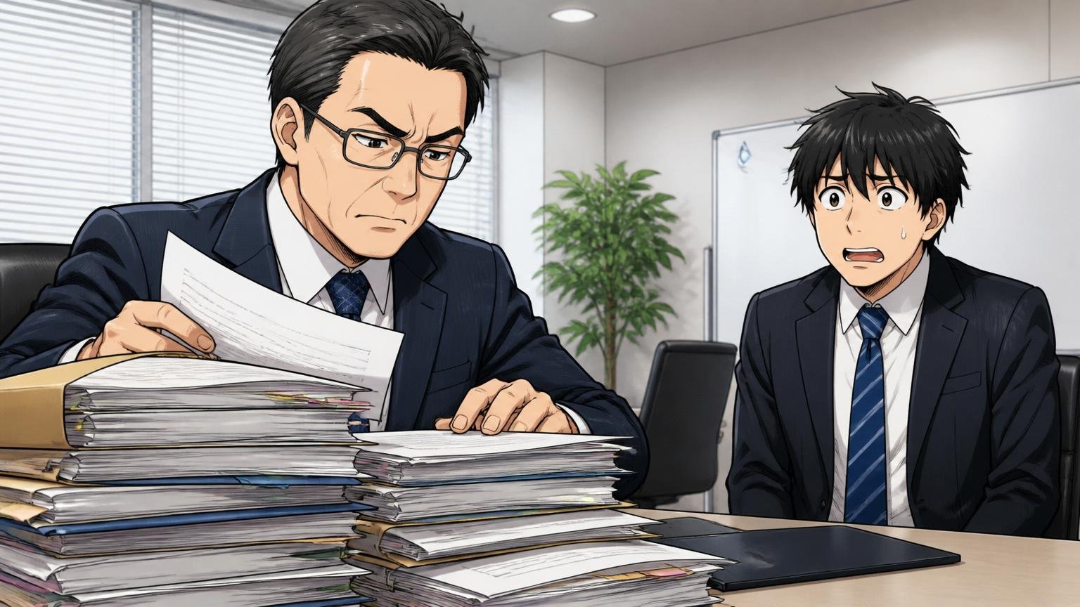 あなたの問題ではないケース 大手SIerの会議室で書類整理中の面接官と困惑するITエンジニア1人 戸惑った表情
