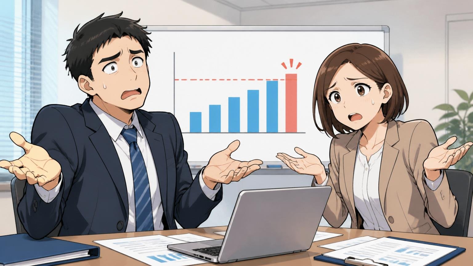 採用枠が埋まったことを示す資料を前に肩をすくめる人事担当者2人。企業のオフィスで会議をする場面