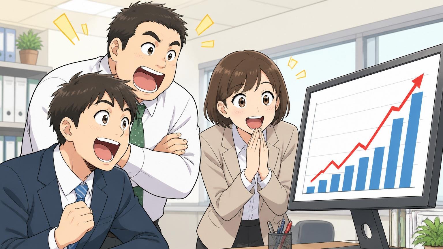 会社規模はむしろ拡大している。オフィスで右肩上がりの売上グラフを見て感心する社員3人、明るい表情