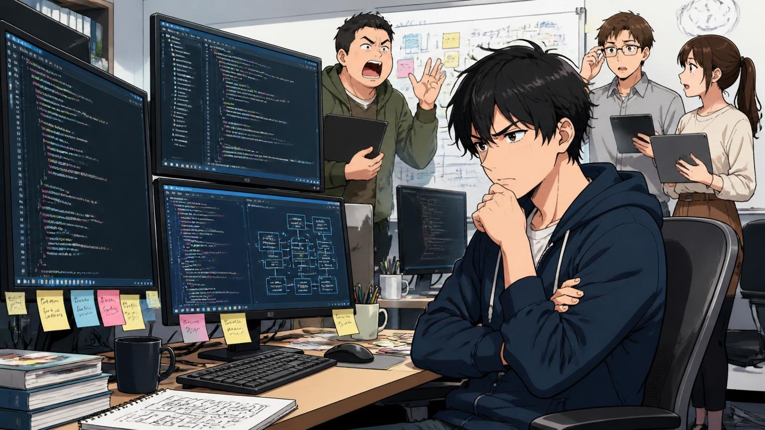 開発スピードと働き方、ITの開発現場で複数モニターのコードを前に腕組みして難しい顔で考え込むエンジニア