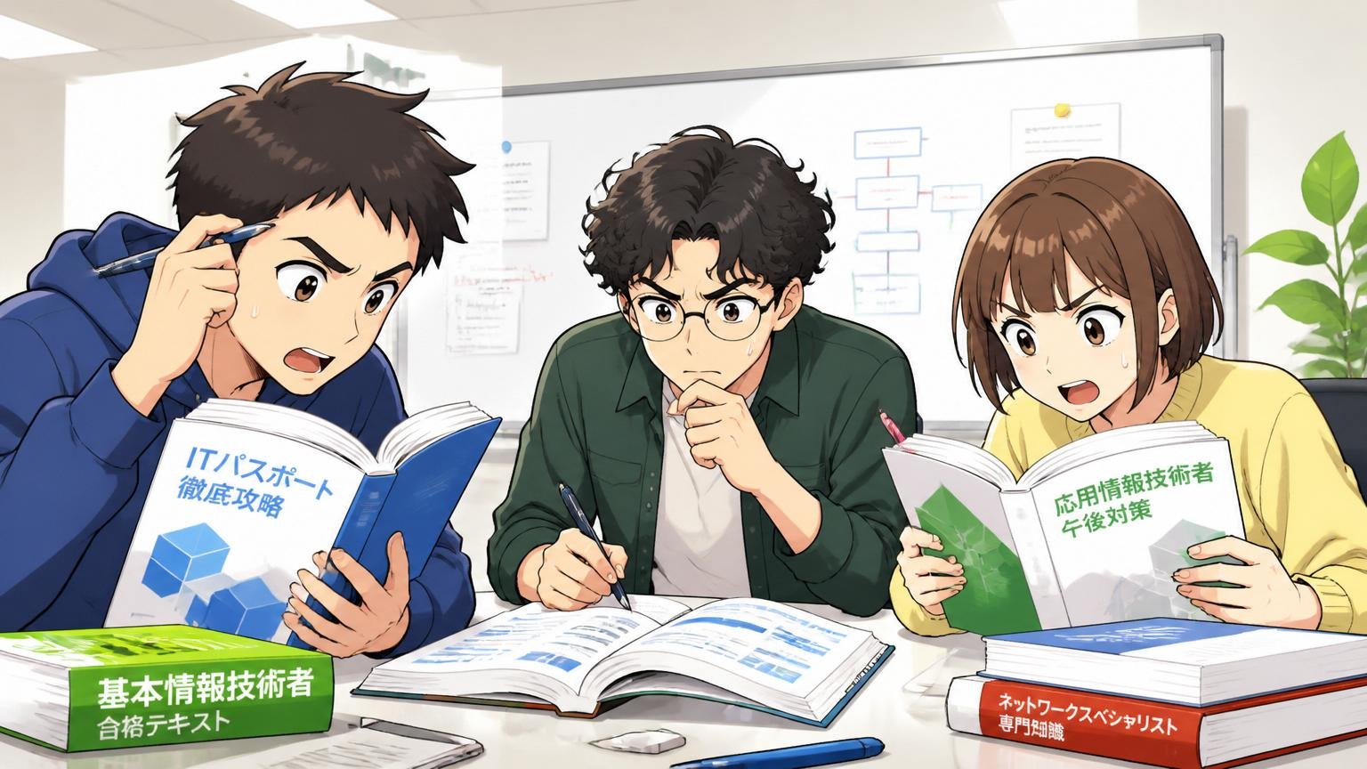 研修と資格支援が手厚い。会議室の研修で資格テキストを開き熱心に学ぶ若手エンジニア3人