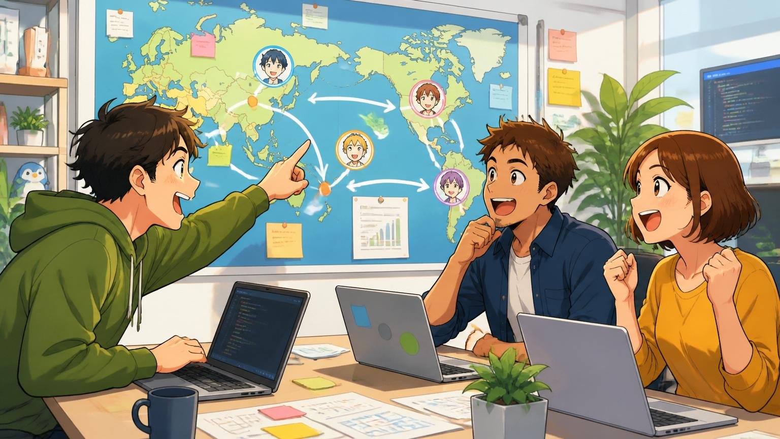 アニメIPを活かしたグローバル事業の魅力、Web系スタートアップのオフィスで世界地図を見ながらグローバル展開を議論する30代男女エンジニア3人、ワクワクした表情