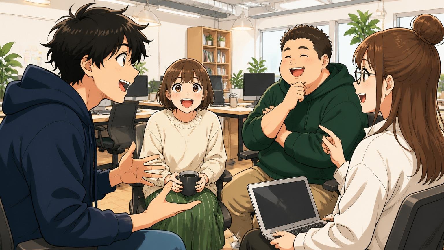 現役社員が職場の雰囲気を語る、Web系スタートアップのオフィス、男女メンバー4名がラフな服装で笑顔で会話
