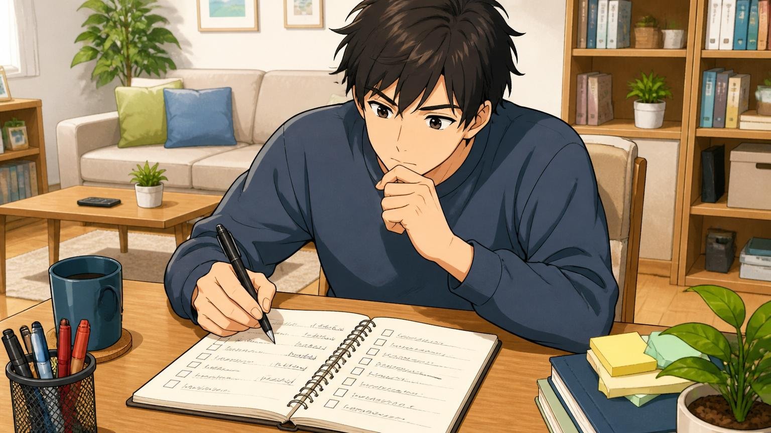 自宅のリビングのテーブルでチェックリストを書き出しながら自己分析する20代後半男性1名