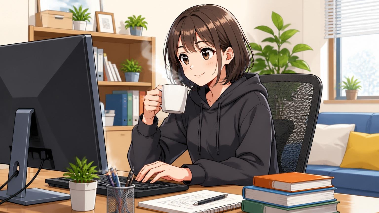 自宅のデスクで在宅勤務中の女性エンジニア1人がリラックスした表情でコーヒー片手に作業している