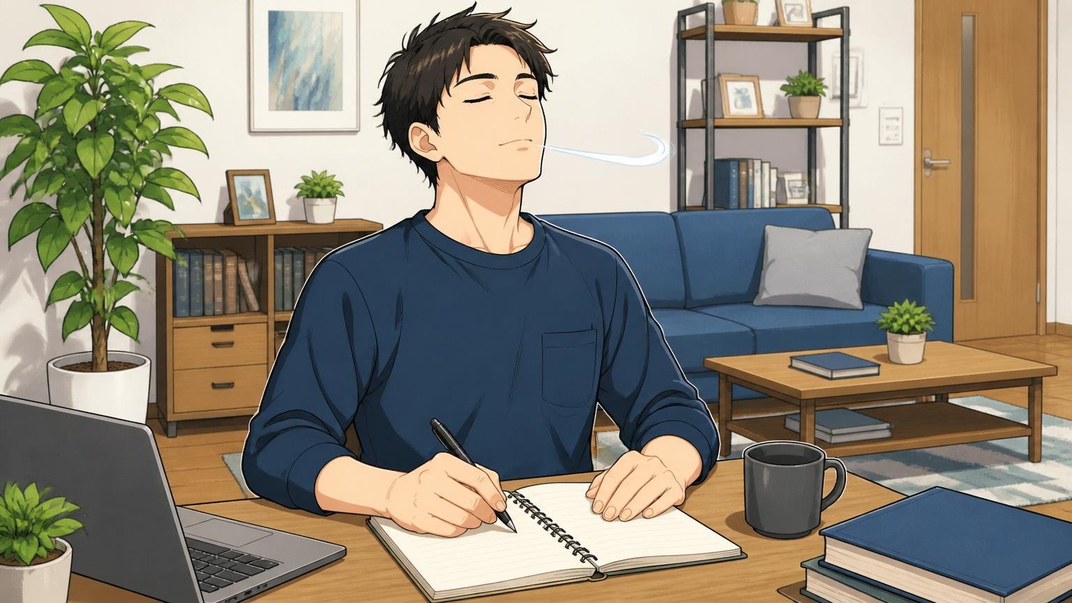 自宅のリビングで深呼吸しながら静かにノートに今後のキャリアを書き出す30代男性エンジニア1人