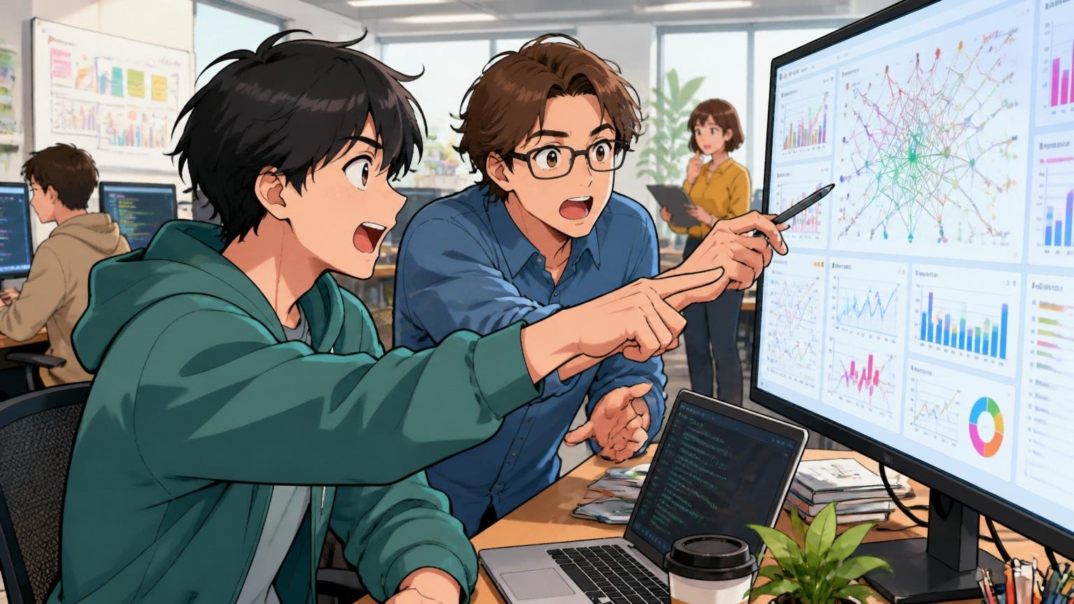 大量のSNSデータを分析するエンジニア、Web系スタートアップのオフィスで2人がモニターのデータ可視化画面を指差す動作