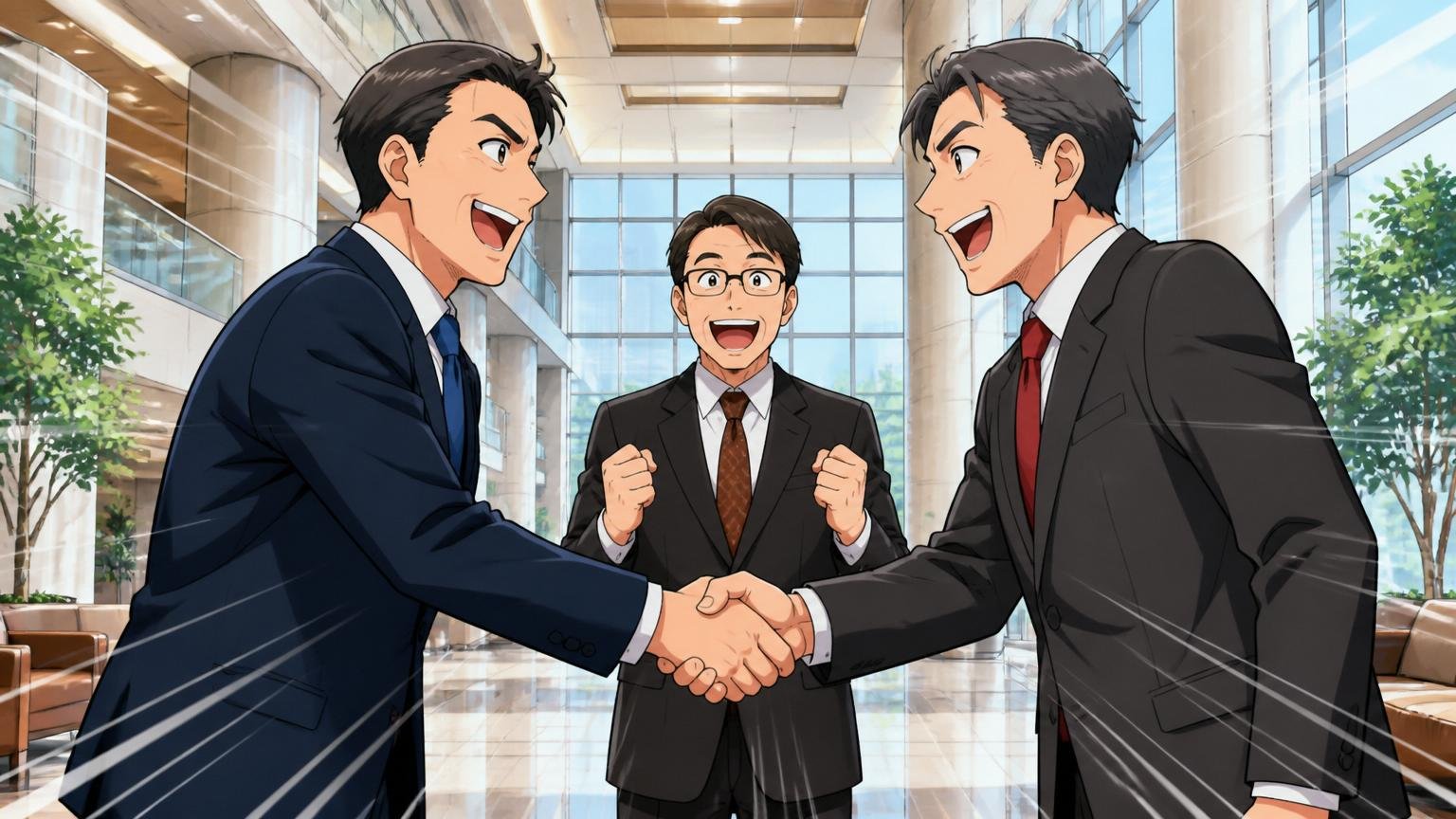 KDDIグループ統合で何が変わる｜大手通信企業の本社ロビーで握手するスーツのエグゼクティブ2名と立会人1名