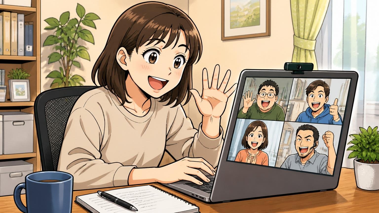 在宅勤務95%のリモート環境/自宅のデスクで在宅勤務中の30代女性エンジニアがWeb会議で笑顔