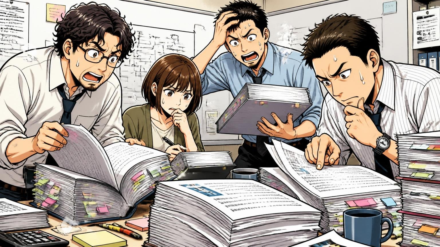 金融系プロジェクトのテストルームで分厚い設計書とテスト仕様書を前に長時間レビューを続けるチーム