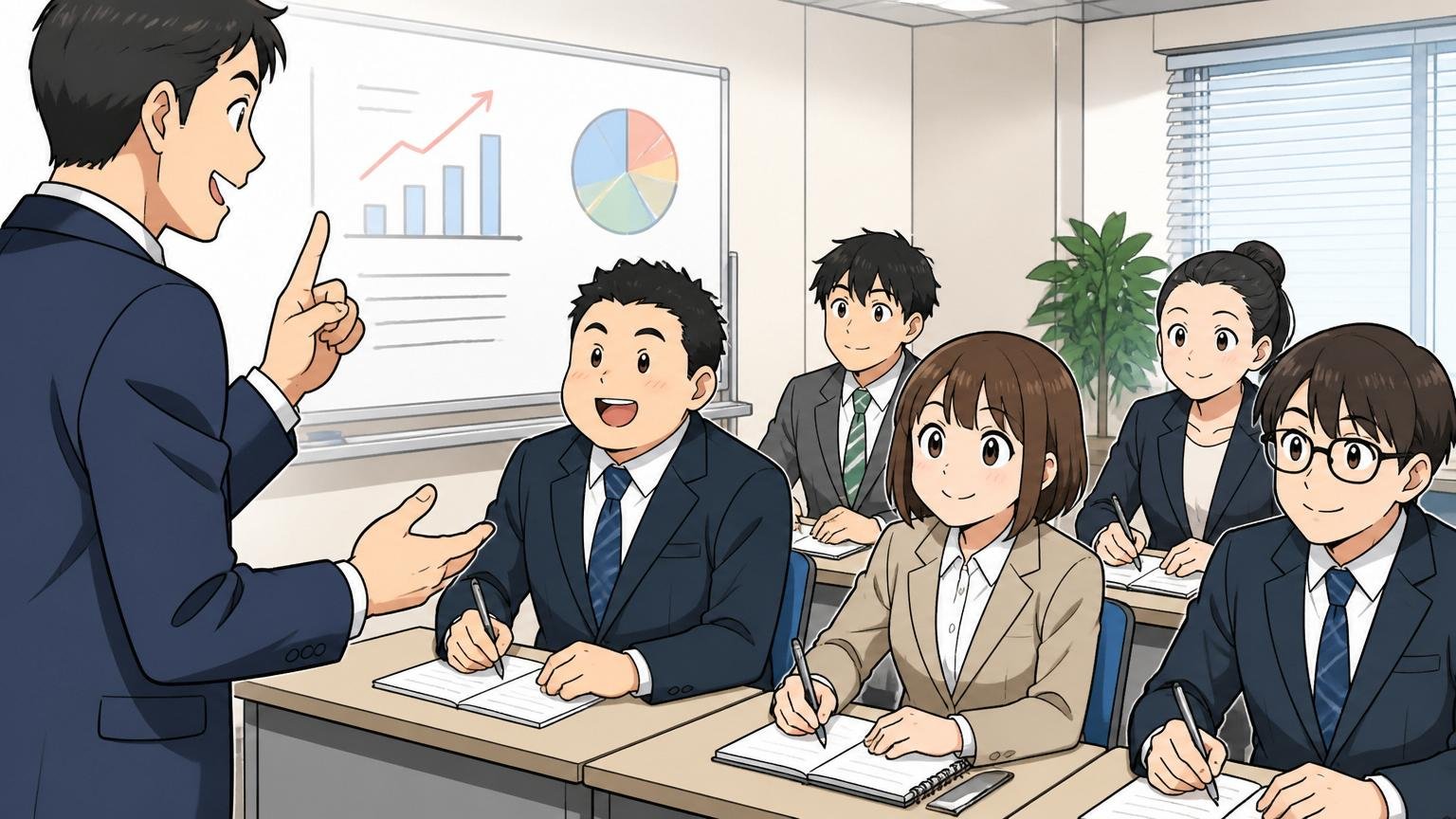 教育・研修制度と低い離職率、企業の研修ルームで講義、新入社員5人、メモを取る表情