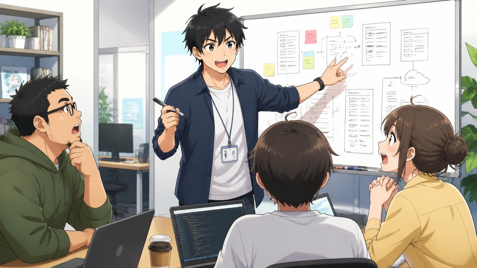 若手エンジニアがプロジェクトリードを任されて指示する場面。Web系スタートアップのオフィス、20代男性1人が3人のチームに堂々とブリーフィング