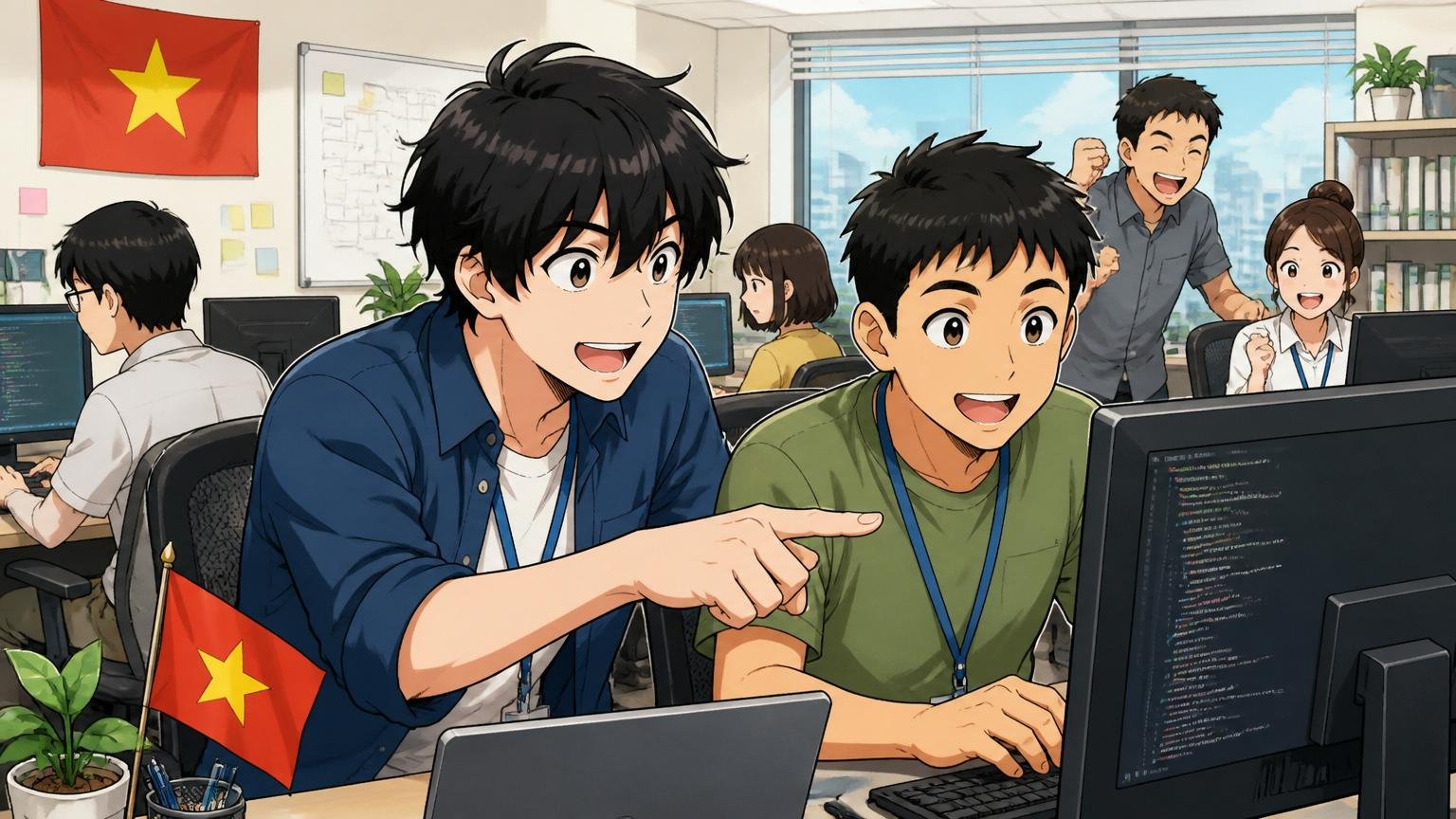 ベトナムの開発拠点で日本人エンジニアと現地ベトナム人エンジニアが協働して開発作業を進める姿