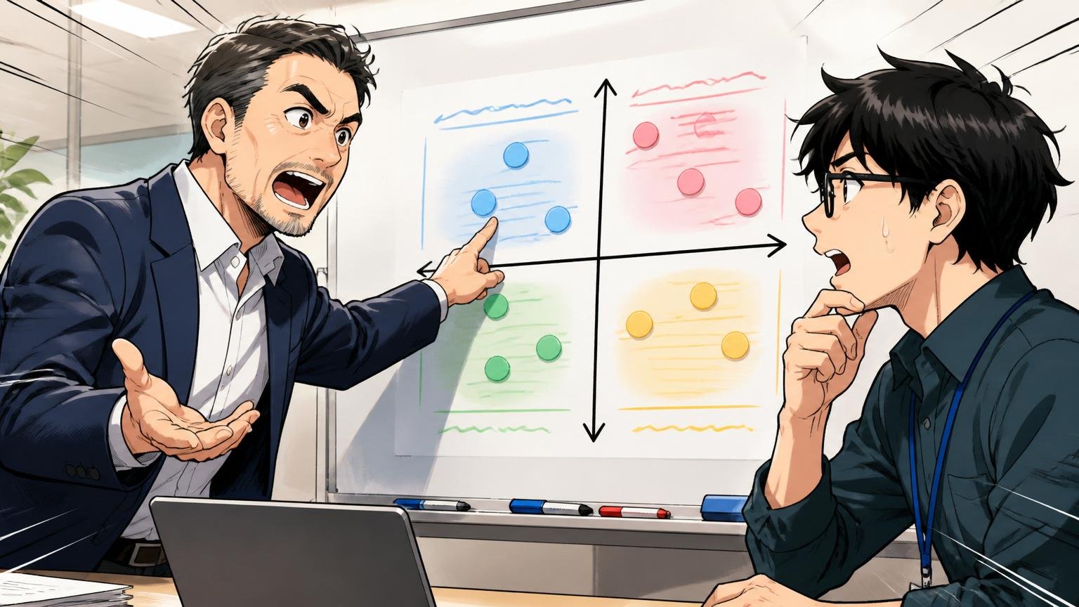 企業の会議室でホワイトボードに描かれた4象限マトリクスを前に40代メンターと30代エンジニアが議論している