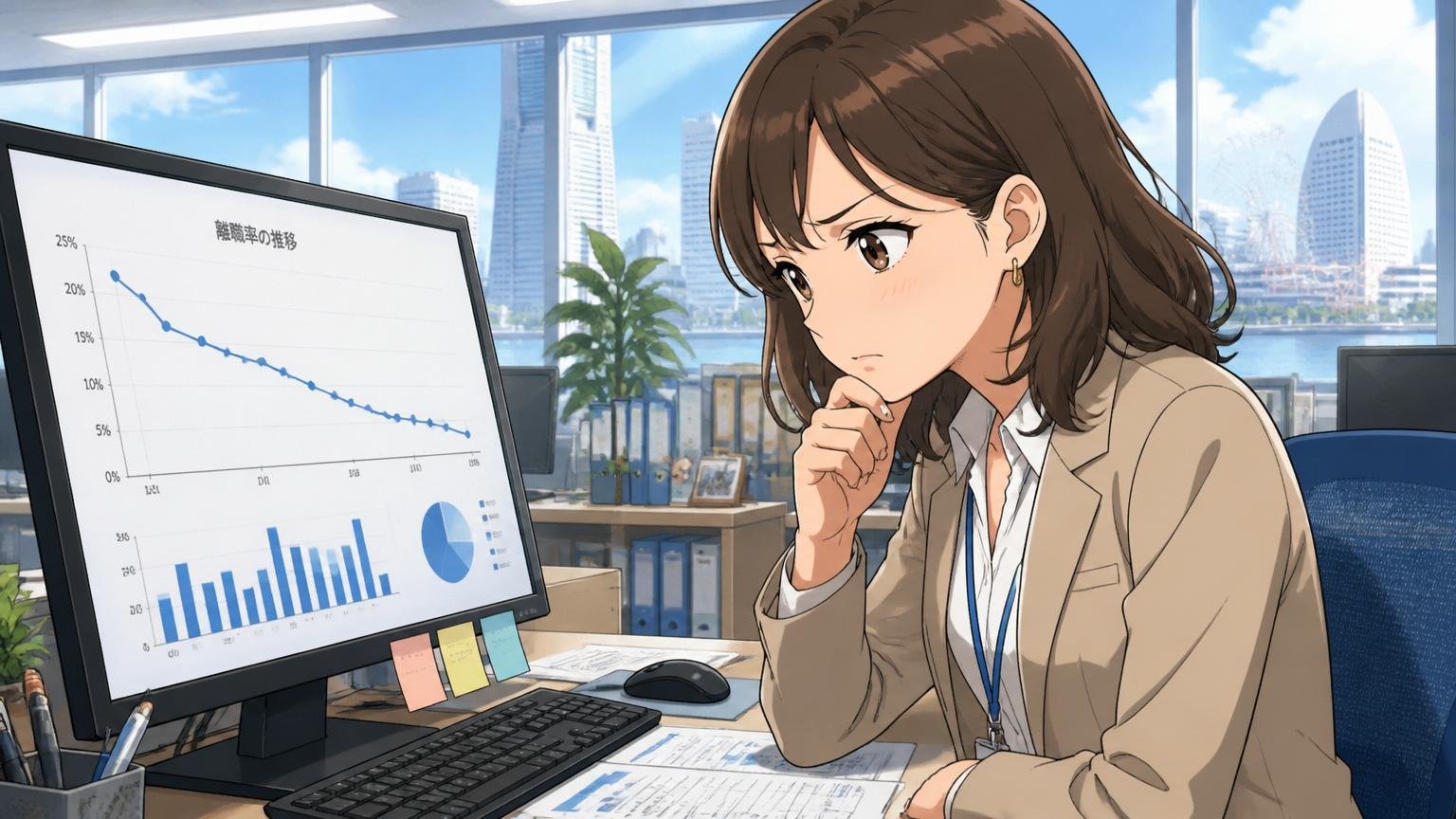 横浜のIT企業オフィスで離職率データのグラフを見つめる30代女性人事担当者1人