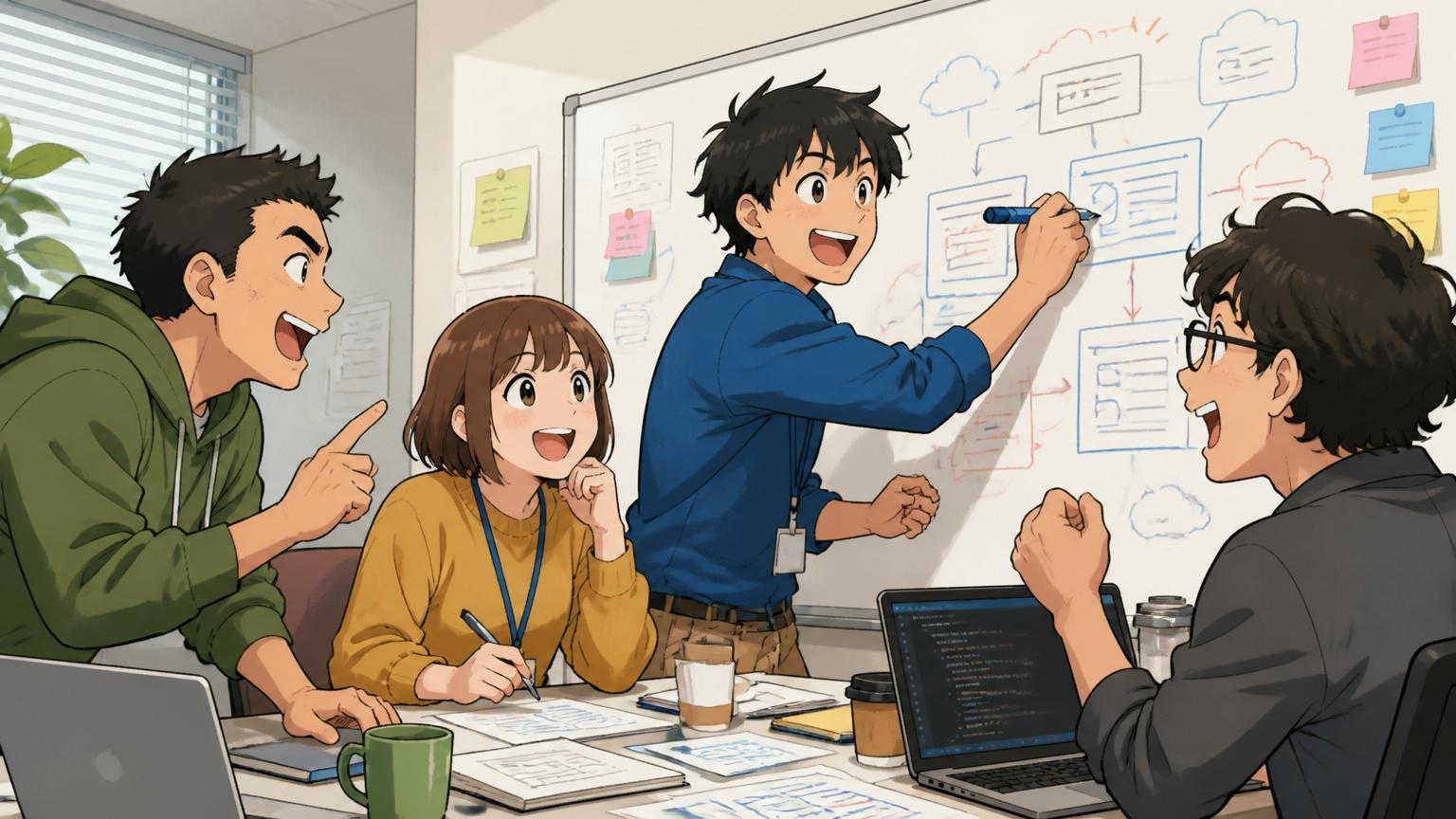 企業の会議室で4人のエンジニアが笑顔で議論しホワイトボードに書き込む