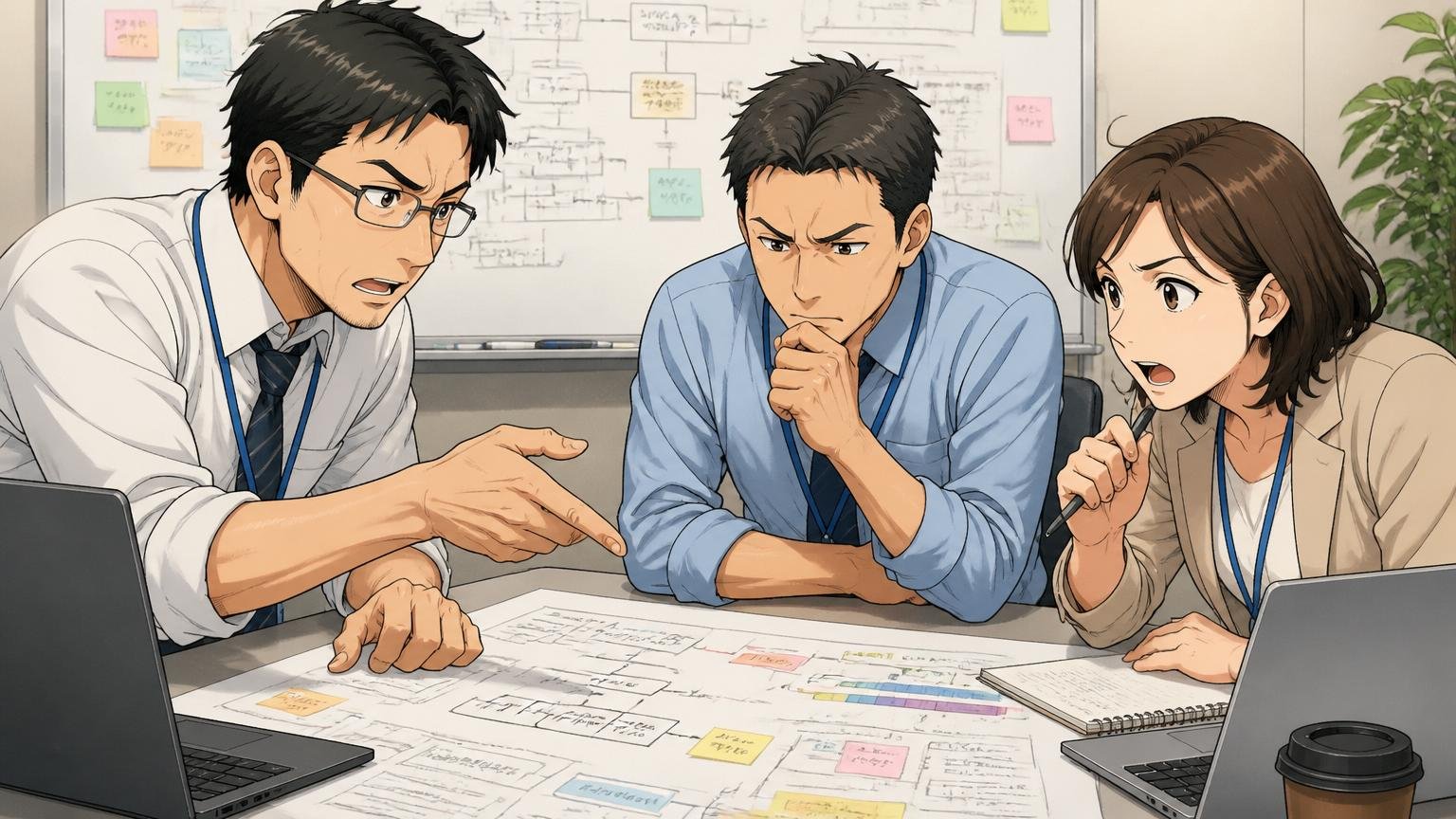 10年以上のベテランの分岐点。SIerの会議室で男性社員2人と女性社員1人がプロジェクト計画を真剣な表情で議論している
