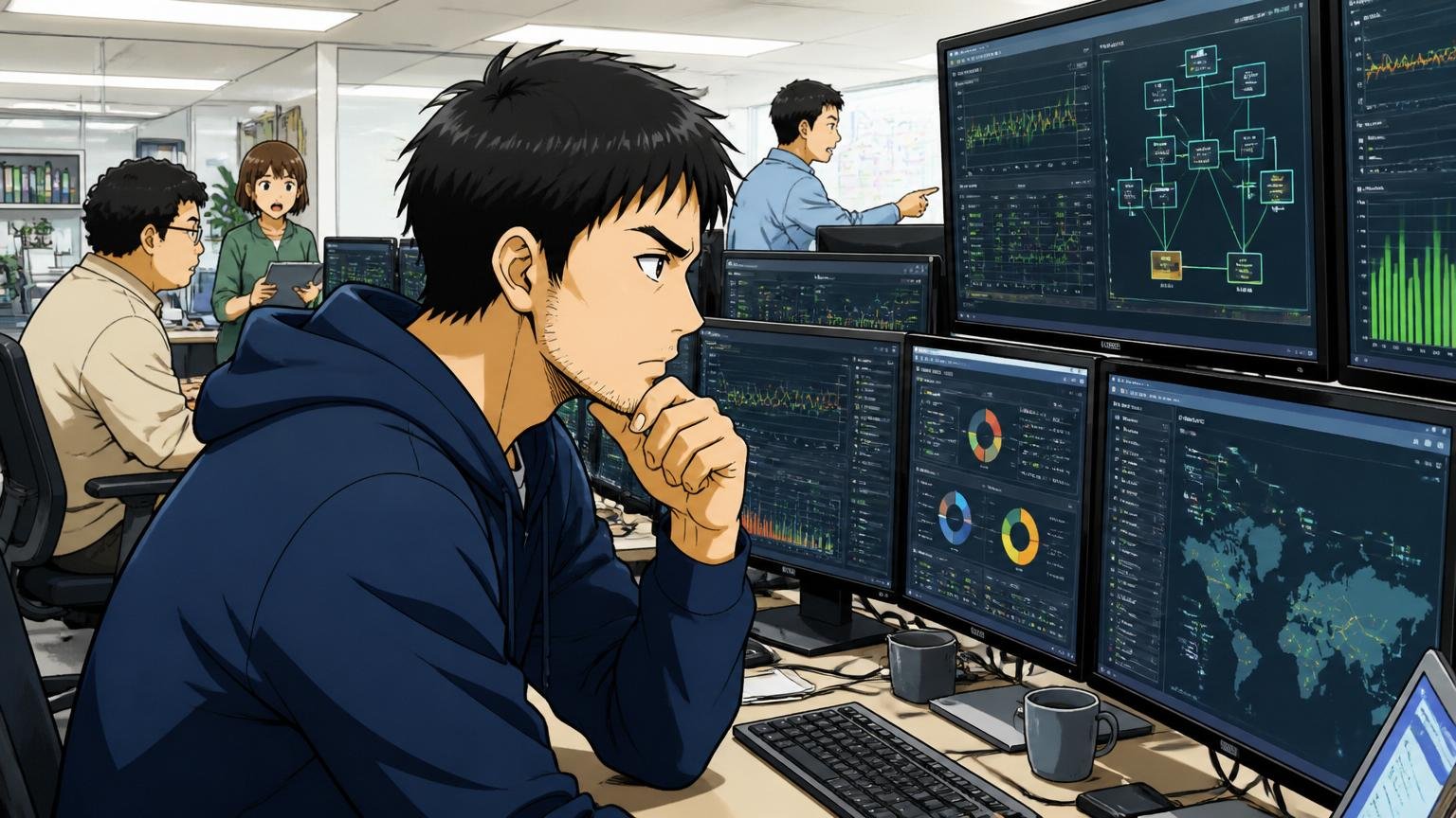 エンジニア視点。Web系企業の開発フロアで30代男性エンジニアが大規模分散システムのモニタリング画面を集中して見つめる
