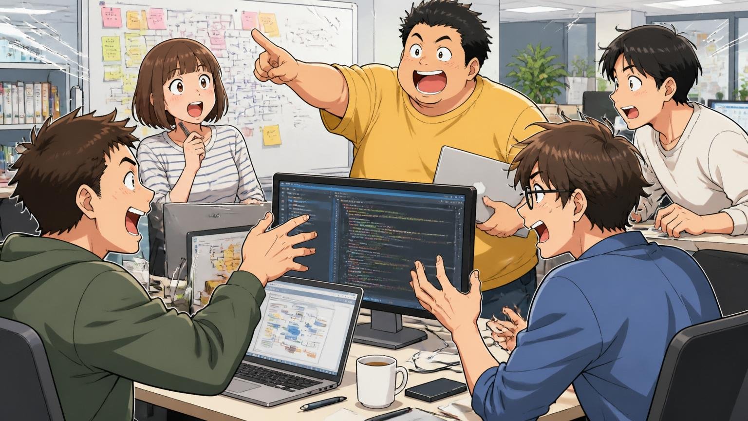 都心のWeb系スタートアップオフィスで活発に議論する複数のエンジニアたちの賑やかな様子