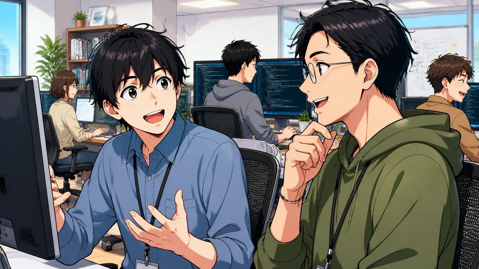 新卒710万円プログラムで採用される博士課程修了の新卒エンジニアWeb系自社開発のオフィスで先輩と話す2人のエンジニア