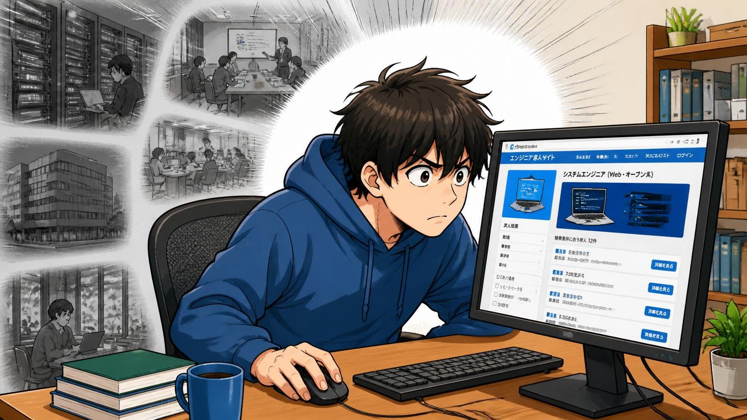 転職エージェントを使わない1社しか使わない、自宅のデスクで1つの転職サイトだけ見て視野が狭くなっているエンジニア1人