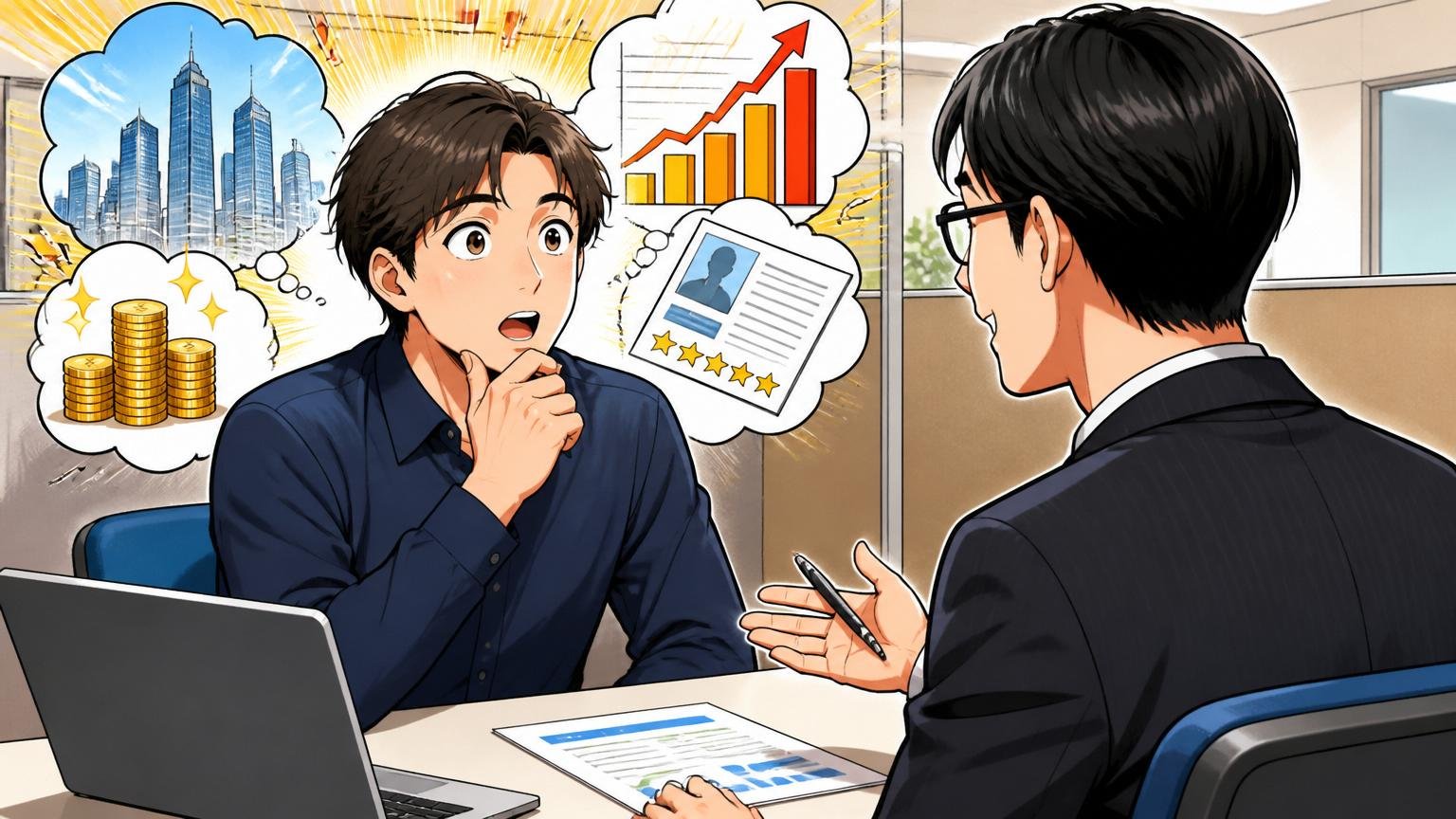 自分の市場価値を無料で知るエージェント活用法。転職エージェントの面談ブースでアドバイザーに相談する30代の男性エンジニア1人