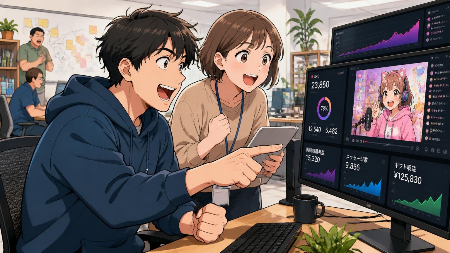 ライブストリーミング事業の人 → ライブ配信・SNS・コミュニティ系へ。ライブ配信スタートアップのオフィスで、20代後半男性エンジニアと30代女性コミュニティマネージャーがリアルタイムの配信ダッシュボードを見ている