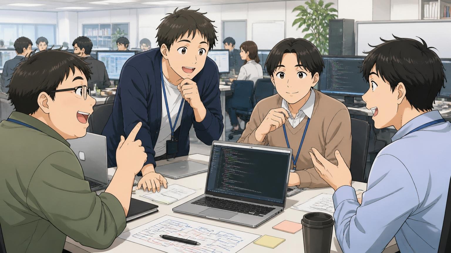国内大手SIerの執務フロアで日本人エンジニア複数名が安定した穏やかな雰囲気で打ち合わせ