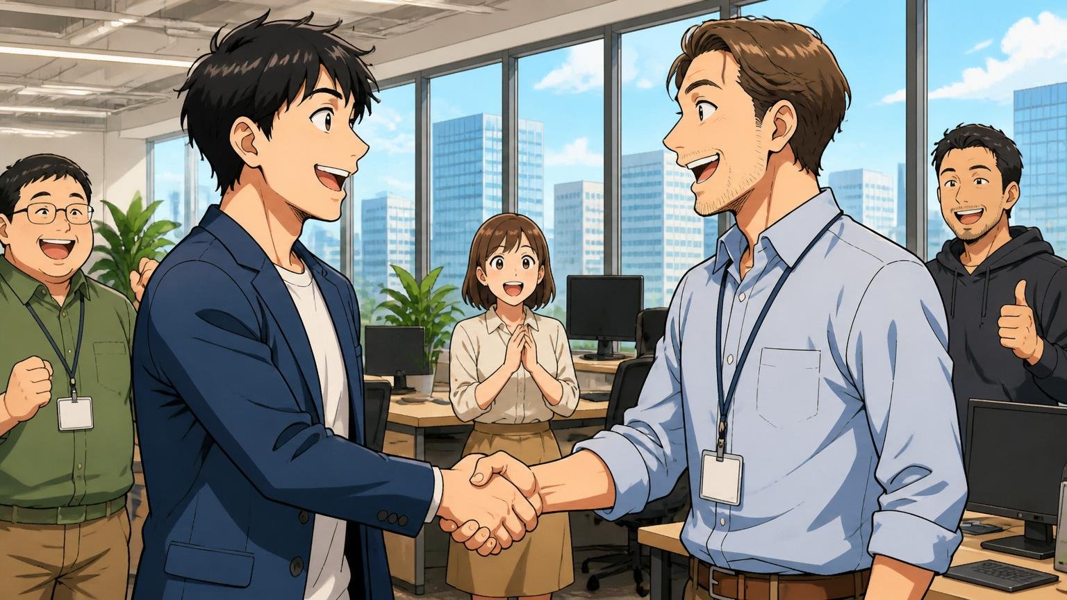 リコージャパン経験者の実際の転職先カテゴリ。外資IT企業のオフィスで30代男性が新しい同僚と握手する晴れやかな場面