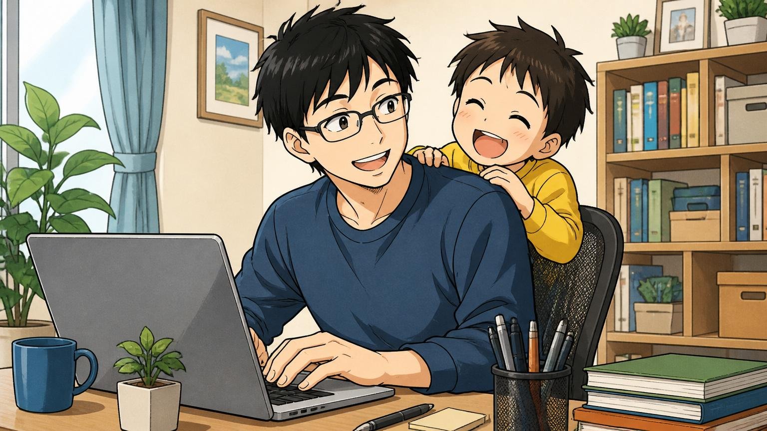 自宅のデスクで在宅勤務する30代エンジニア1人、横で笑顔の子どもと過ごすワークライフバランスの良いシーン
