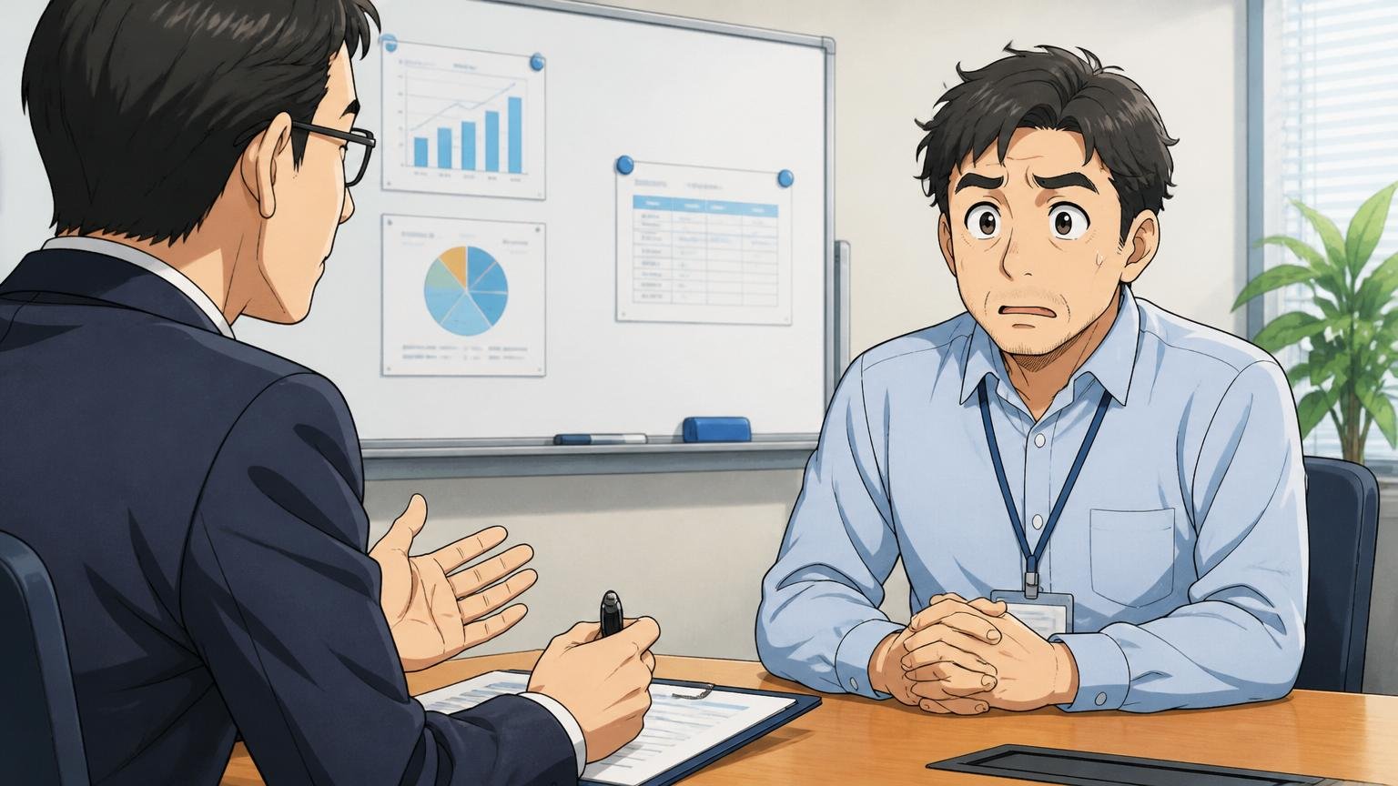 企業の会議室で出向の話を聞き、人事担当と向き合う40代手前のシステムエンジニア
