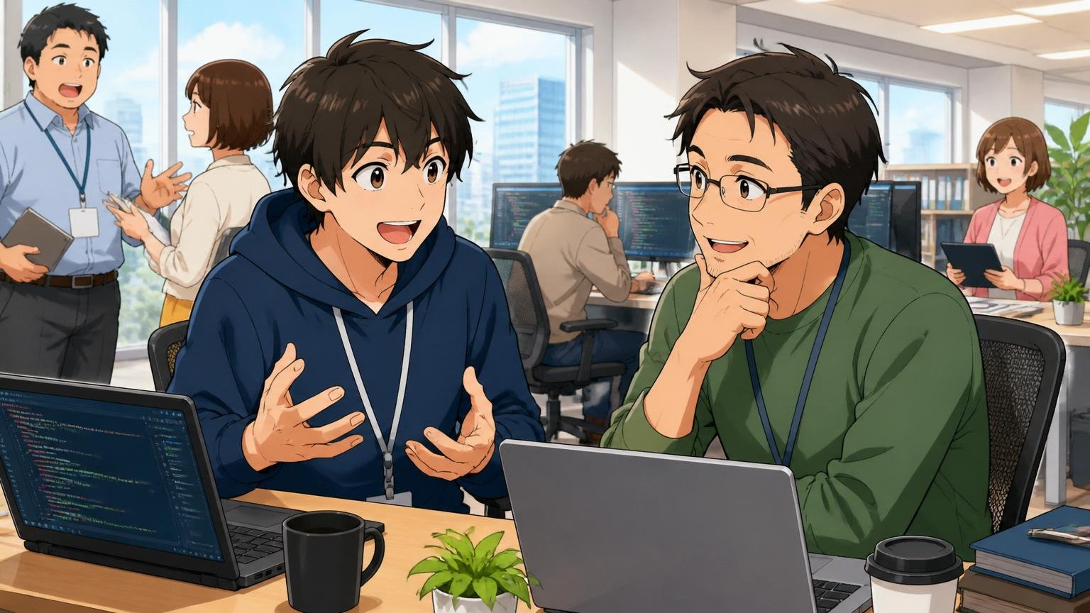 ニッセイ情報テクノロジー本社オフィスで若手と中堅のエンジニアが和やかにディスカッションをしている