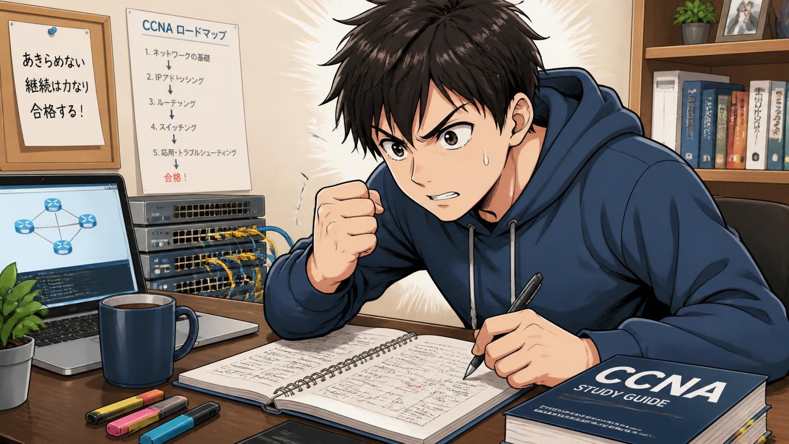 自宅のデスクでCCNA学習に取り組む20代男性、未経験からの再挑戦、1人