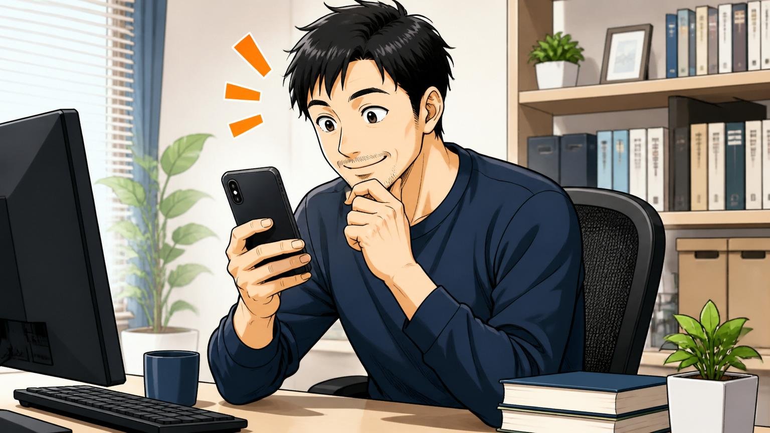 「働き方は最高」とポジティブな声を確認する場面、自宅のデスクで30代エンジニアが口コミサイトを見て少し笑顔になる