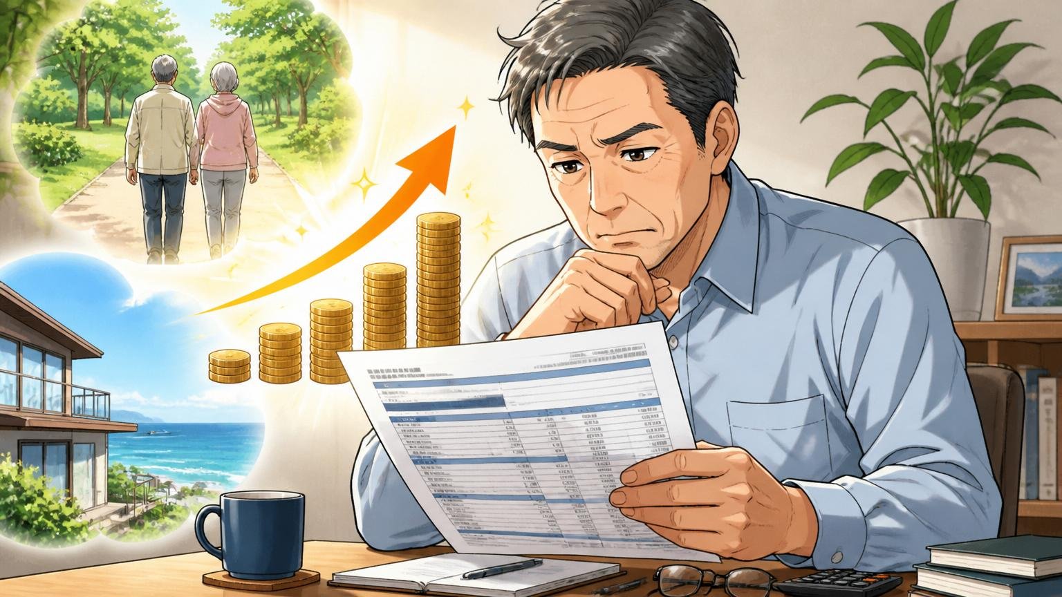 長期勤続による退職金・企業年金の積み上がり 自宅の机で退職金試算書を真剣に確認する50代男性ベテラン社員
