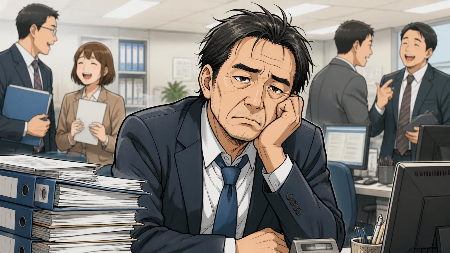いつか役職がつけば上がると昇給を待ち続けている、企業のオフィスで何年も昇進を待ち続けるベテラン社員1人、諦めの表情