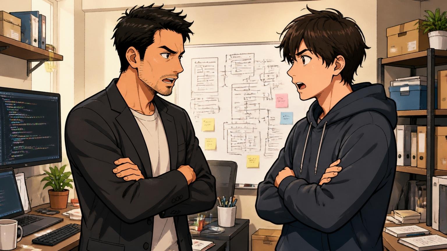 創業期スタートアップの小さなオフィスで創業メンバーと熱く語り合う場面。Web系スタートアップの狭いオフィスで30代男性創業者と20代男性エンジニアが立って腕を組んで議論する。2人のシーン
