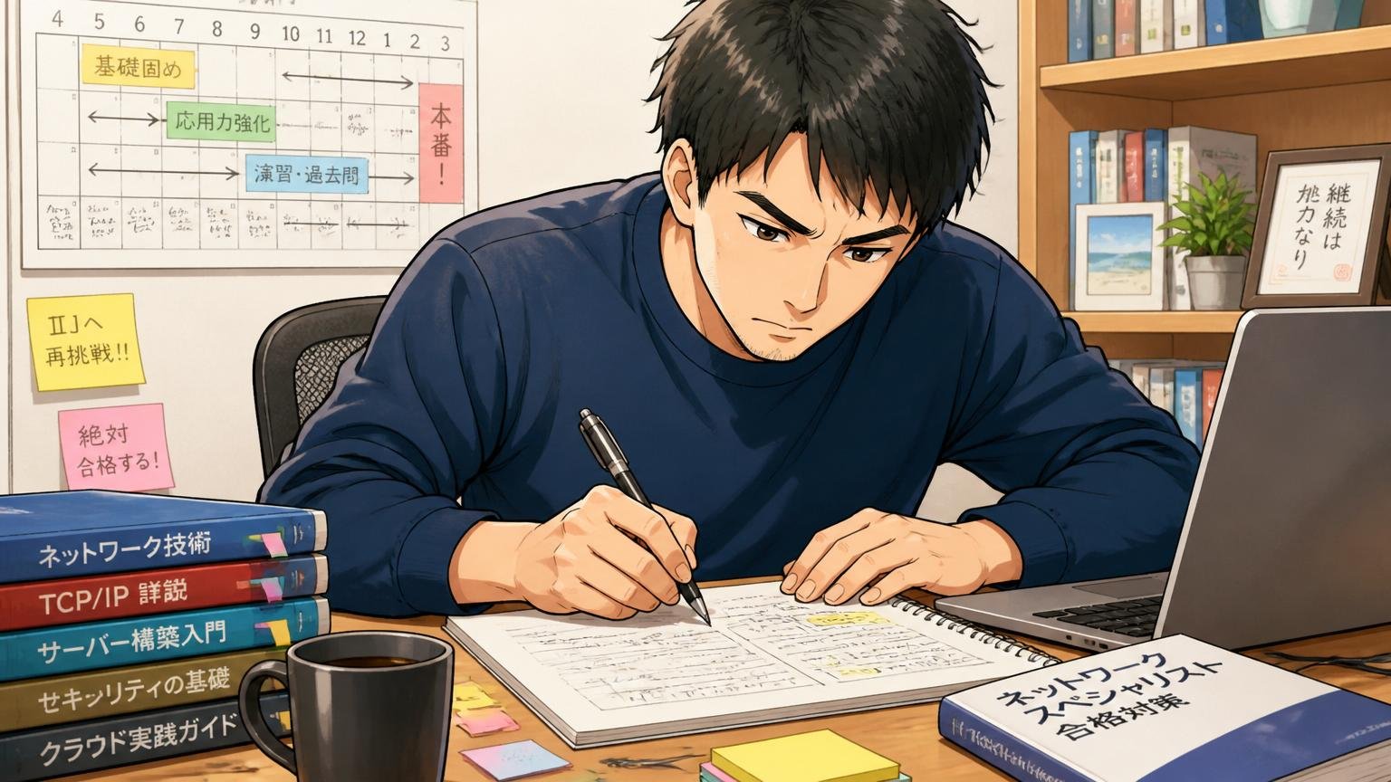 IIJへの再挑戦に向けて1年計画を立て直すエンジニア、自宅のデスクで学習計画を書き出す30代男性1人